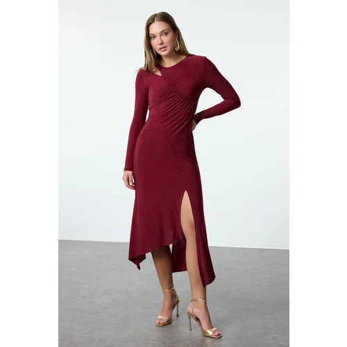 Trendyol Burgundy Hem Flounce Detailed Knitted Dress