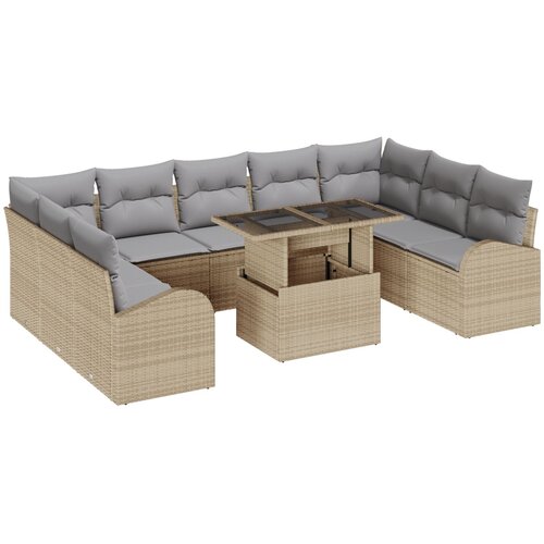 VidaXL 10-delni vrtni sofa set z blazinami bež poli ratan, 2-sedežna vrtna sofa z shrambo in blazinami bež poli ratan Slike
