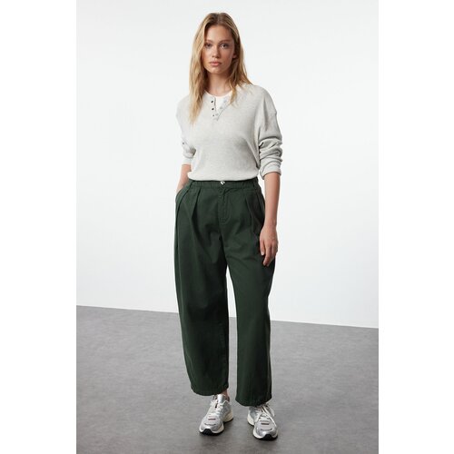 Trendyol Khaki Elastic Waist High Waist Barrel Trousers Cene