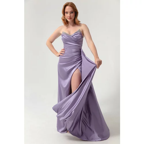 Lafaba Women's Lilac Long Evening Dress with Breast Stones