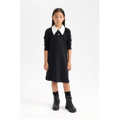 Defacto Girl Shirt Collar Basic Plain Long Sleeve Black Dress