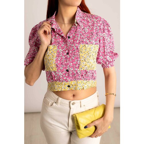 armonika Women's Pink Crop Shirt with Elastic Sleeves, Pocket and Back Detail Slike