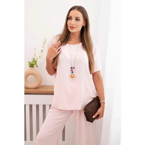 Kesi Włoski Women's set with a loose blouse and wide pants powder pink Cene