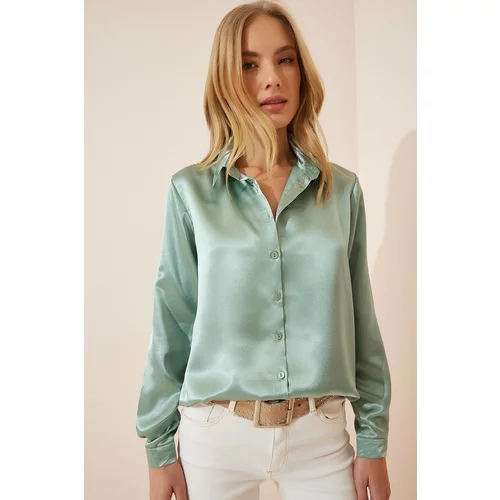 Happiness İstanbul Women's Turquoise Green Lightly Flowing Satin Finish Shirt