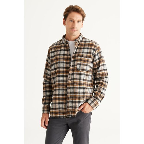 ALTINYILDIZ CLASSICS Men's Brown Ecru Comfort Fit Relaxed-Cut Buttoned Collar Checked Flannel Shirt. Cene