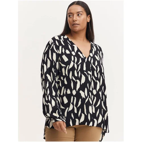 Fransa Cream-Black Patterned Blouse with Extended Back - Women