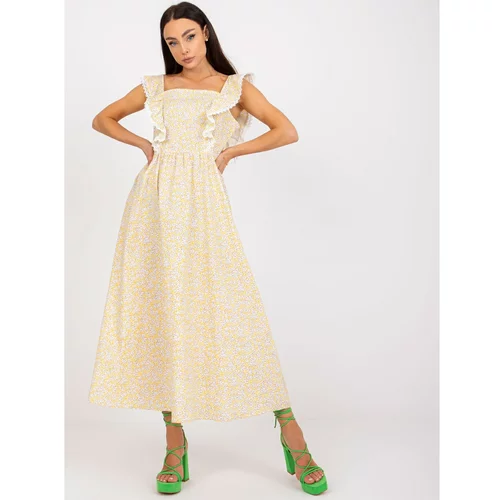 Fashionhunters Yellow cotton summer dress with prints