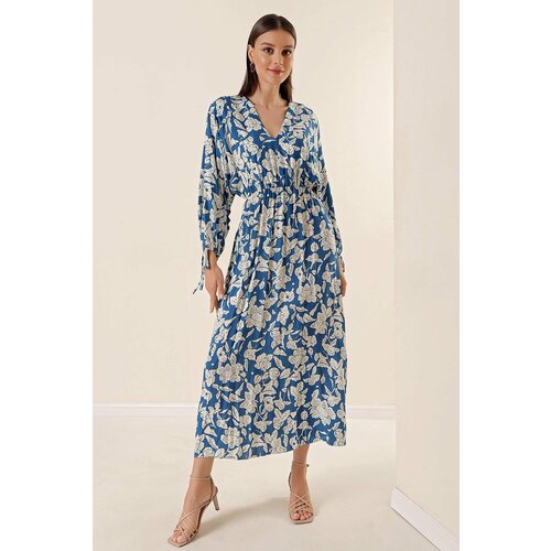 By Saygı Bat Sleeve Elastic Waist Pocket Floral Pattern Long Dress Blue Slike