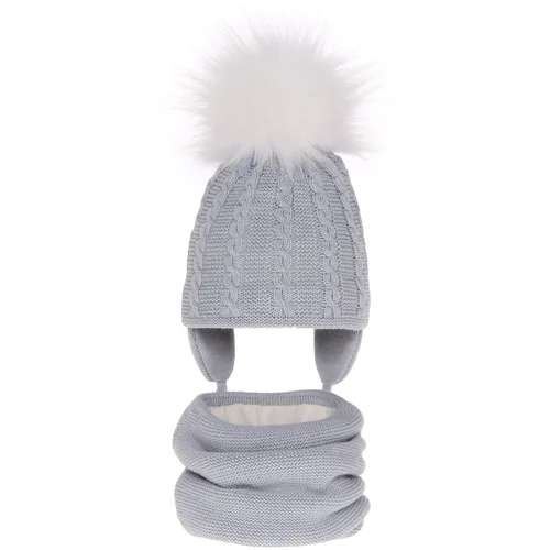 AGBO Girl's winter set: hat and tube scarf grey Klementin with pompom