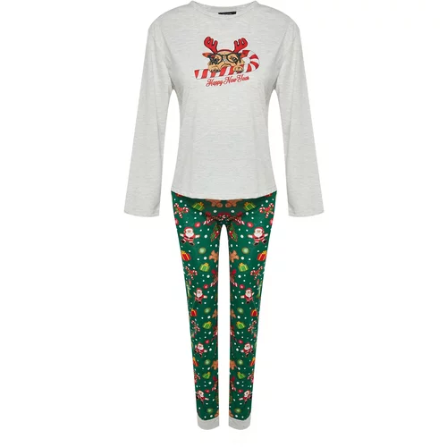 Trendyol Gray Christmas Theme Tshirt-Pants and Knitted Pajamas Set