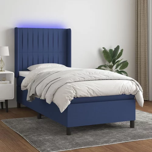vidaXL Box spring postelja z vzmetnico LED modra 90x190 cm blago
