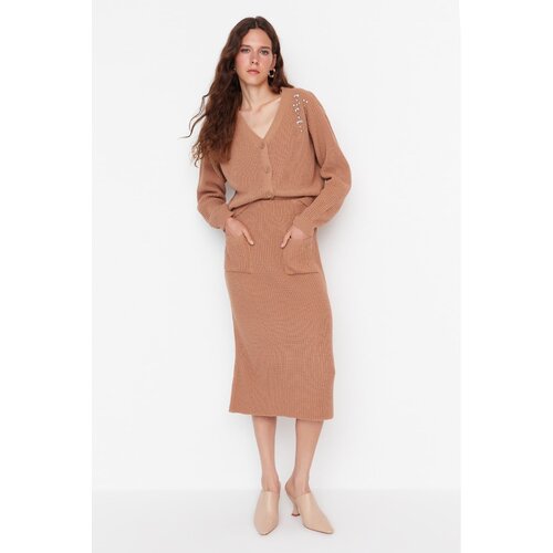 Trendyol Limited Edition Brown Stone Embroidered Knitwear Bottom-Top Set Slike