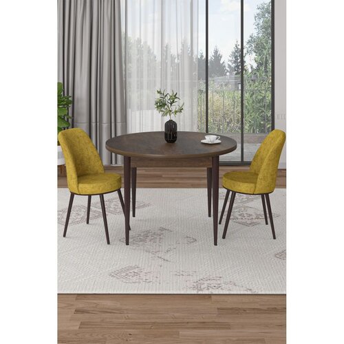 Hanah home trpezarijski set Tor, sto i 2 stolice, ploča u dekoru drveta Baroque, senf žuta tkanina Babyface Cene