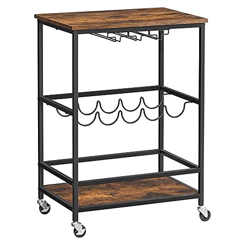 Songmics LRC087B01 kuhinjski voziček na kolesih s steklenimi policami in držalom za steklenice 60 x 40 x 75 cm Industrijski dizajn vintage rjava/črna, (21220731) Slike