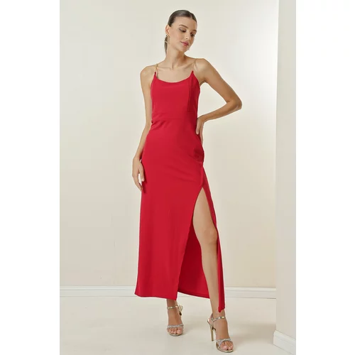 By Saygı Chain Straps Long Dress with a Slit in the Front