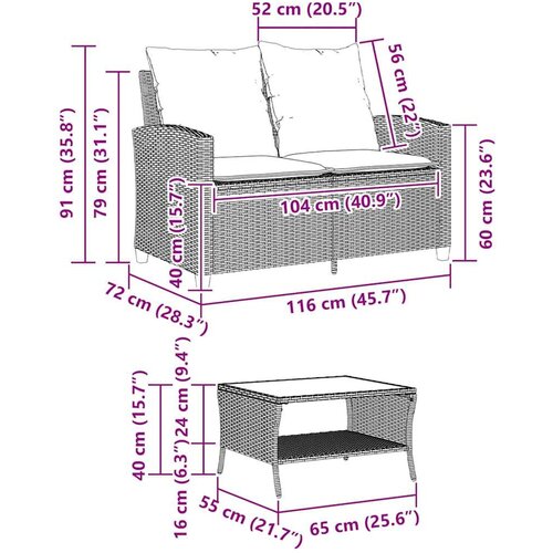 VidaXL Vrtna sofa 2-sjed s jastucima i stolom sivi poliratan Slike