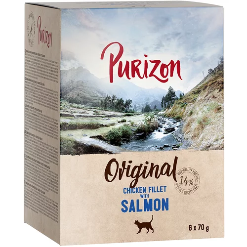 Purizon 22 + 2 gratis! mokra hrana za mačke - Adult Piščančji file z lososom 24 x 70g