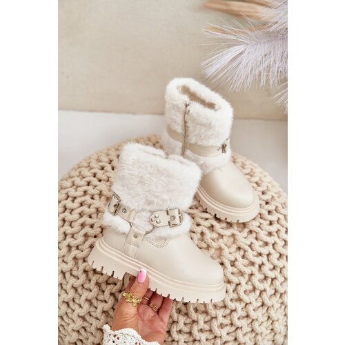 FR1 Eco Leather Girls Ankle Boots With Fur And Buckles Beige Cartemes Slike