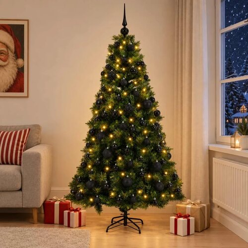  Umjetno božićno drvce s kuglicom 180 cm 300 LED lampica - Zelena 180 cm s LED-ima i crnim lopticama Slike