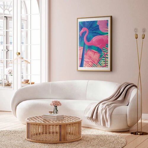  Plakat - Pink Flamingo - abstract flamingo against a background of palm trees and ice cubes 40x60 Zlatni okvir s margom Slike