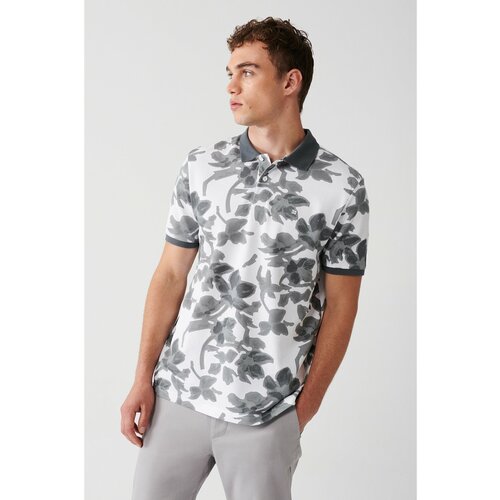 Avva Men's Anthracite 100% Cotton Floral Printed Standard Fit Regular Cut 2 Button Polo Neck T-shirt Slike