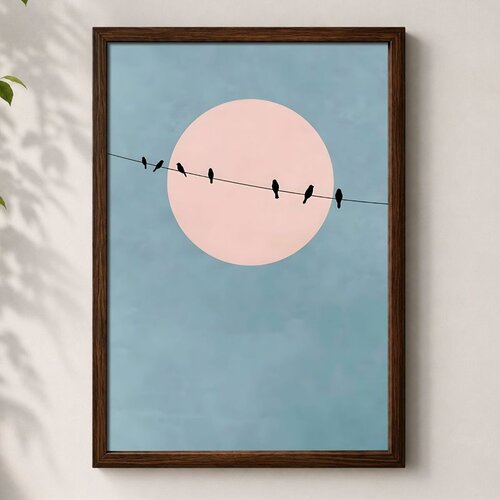 Wallxpert uramljena mdf slika 3752KACT-006, ptice na žici ispred ružičastog sunca na plavoj pozadini, 37 x 52 cm Cene
