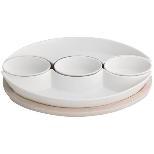 Brandani Komplet 5 belih porcelanastih servirnih skled na bambusovem pladnju Plait Slike