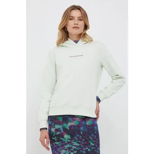 Calvin Klein Jeans Dukserica za žene, boja: zelena, s kapuljačom, s aplikacijom