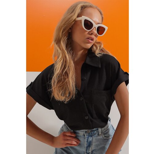 Trend Ala&amp;ccedil;atı Stili Women&amp;#039;s Black Cuffed Double Short Sleeve Textured Shirt Slike