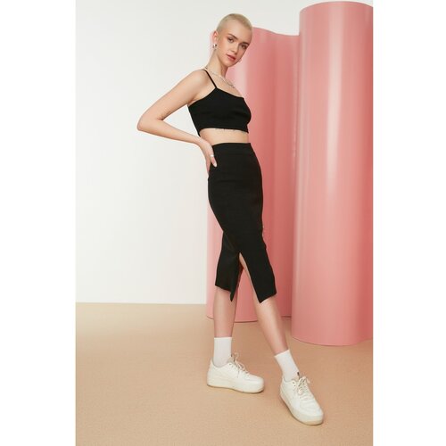 Trendyol Black Slit Detailed Corded Bodycon Knitted Skirt Slike