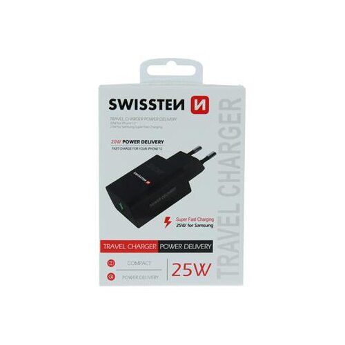 Swissten mrežni adapter za punjač PowerDelivery 25W, iPhone + Samsung, crni Slike