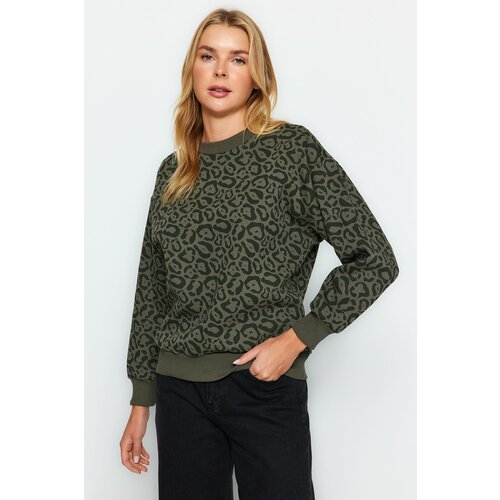 Trendyol Khaki Printed Regular Fit Knitted Sweatshirt with Fleece Inside Cene