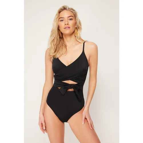 Trendyol Black Double Breasted Tie Swimsuit