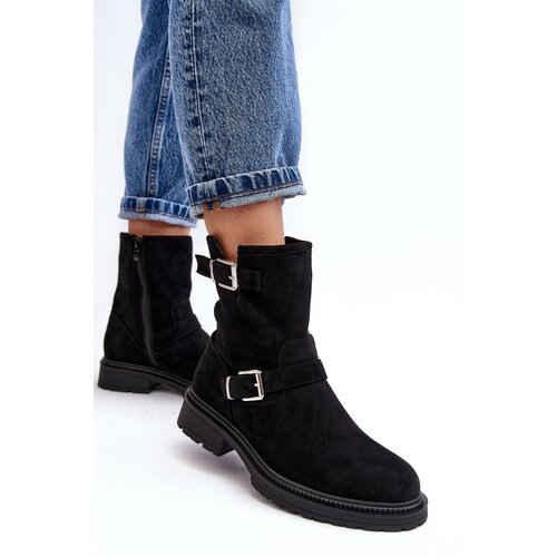 Boto Women's Flat Heel Boots with Buckles Black Bliggore Cene