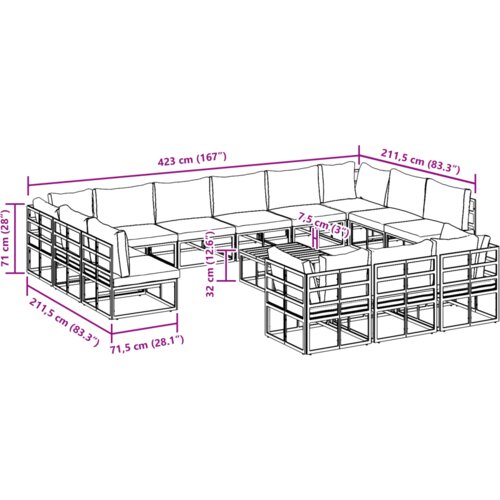 VidaXL Vrtna sedežna garnitura 14 pcs Črna 70 x 70 x 32 cm Aluminij Slike