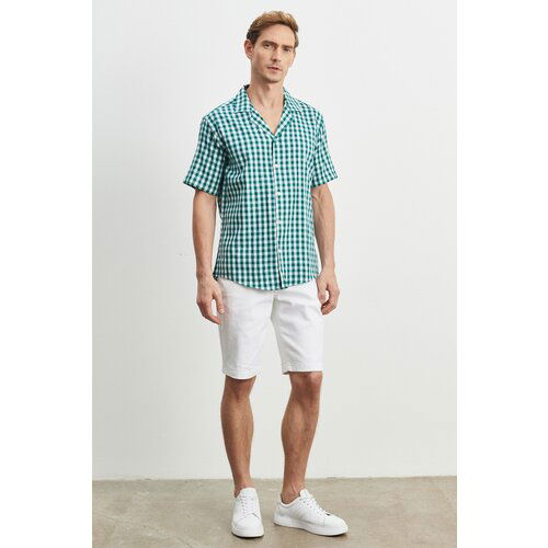 AC&Co / Altınyıldız Classics Men's White-green Comfort Fit Relaxed Cut Mono Collar Checkered Short Sleeve Casual Shirt Slike