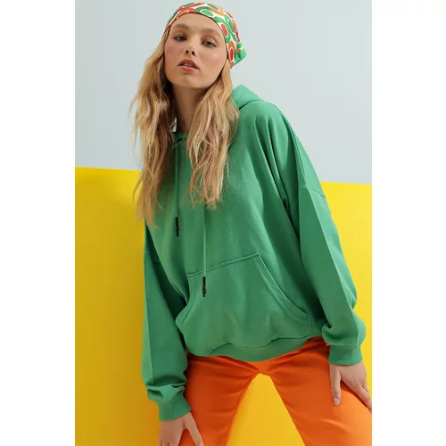 Trend Alaçatı Stili Women's Green Hooded Kangaroo Pocket Two Thread Sweatshirt