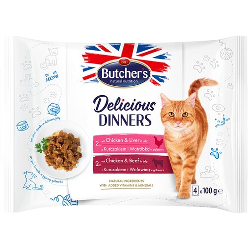 Butcher&amp;#039;s Delicious Dinners za mačke 32 x 100 g &amp;ndash; Mje&amp;scaron;ovito pakiranje: piletina i jetra, piletina i govedina Slike