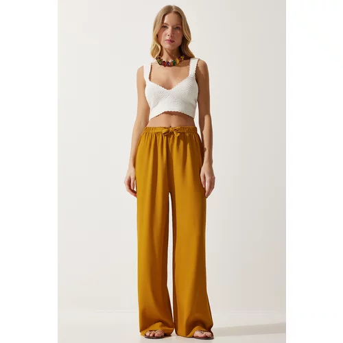 Happiness İstanbul Women's Mustard Flowy Knitted Palazzo Trousers