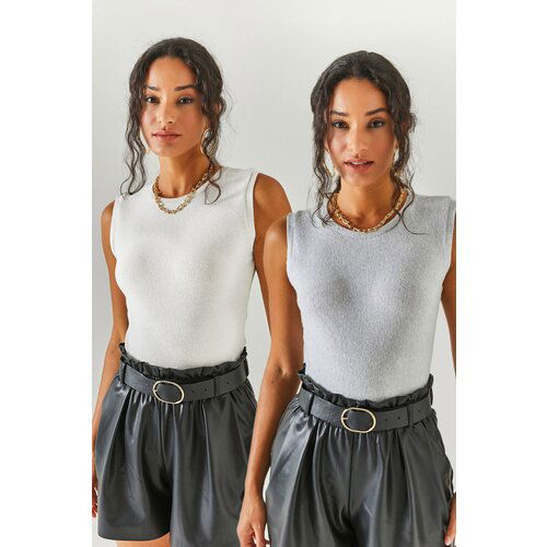 Olalook Women's Gray Ecru Crew Neck Raised 2-Pack Blouse Slike