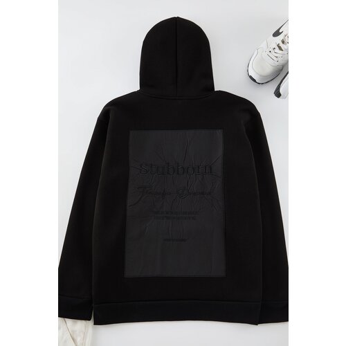 Trendyol Limited Edition Black Oversize/Wide Cut Embroidered Fleece Hooded Sweatshirt Slike