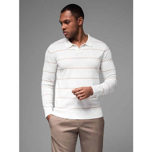 Ombre Men's horizontal striped polo longsleeve with viscose - white and beige Cene