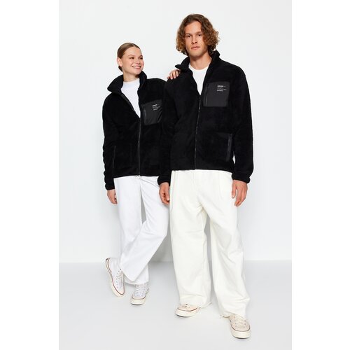 Trendyol Black Unisex Stand Up Collar Zippered Pocket Detailed Plush Cardigan-Sweatshirt. Slike