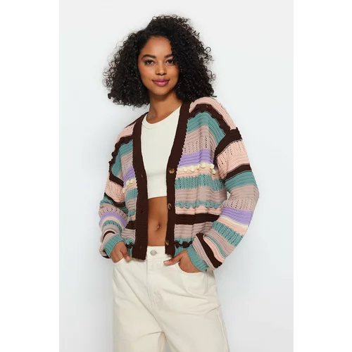 Trendyol Brown Color-block Knitwear Cardigan with Pompoms