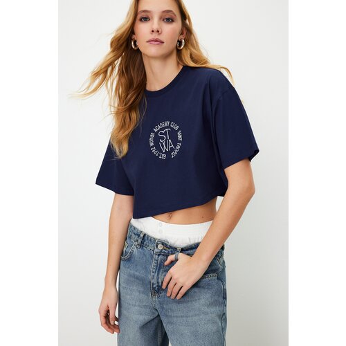Trendyol Navy Blue 100% Cotton Embroidered Crop Crew Neck Knitted T-Shirt Slike