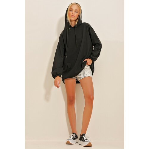 Trend Alaçatı Stili Women's Black Hoodie with Kangaroo Two Thread Pocket Long Sweatshirt Slike