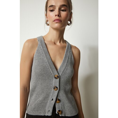 Happiness İstanbul Women's Gray Halterneck Buttons Knitwear Vest Cene