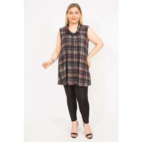Şans Women's Colorful Plus Size Checkered Chest Ribbed Stitched Lycra Tunic Slike