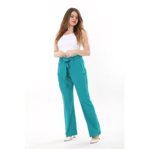 Şans Women's Plus Size Green Side Pockets Belted Lycra Classic Trousers Cene