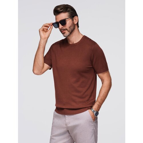 Ombre Men's classic knitted shirt with ribbed cuffs - warm brown Cene